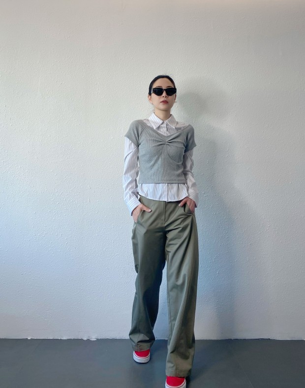 Grey Off Shoulder Ribbed Top #250229